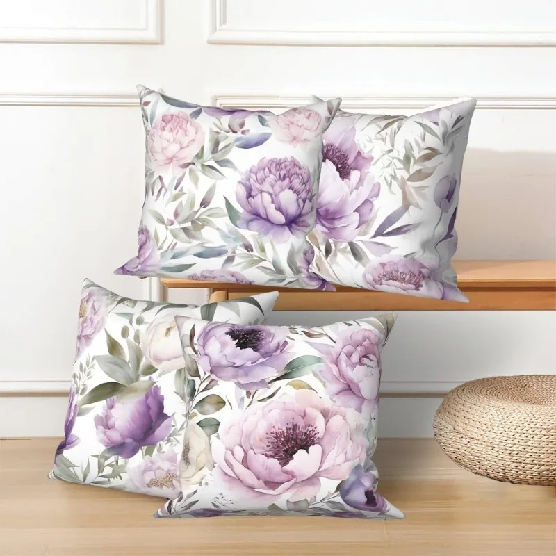Juego  4 Fundas  Almohada con Estampado Floral Morado, Ambiente Elegante y Soñador, Decoración para Hogar, Sofá o Dormitorio