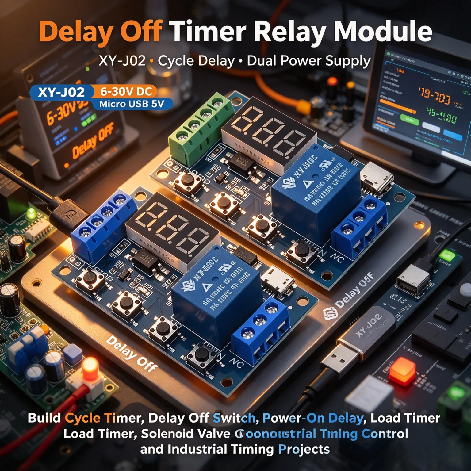 30Pcs XY-J02 Cycle Delay Timer Relay Module, 6-30V DC & Micro USB 5V, Delay Off Switch