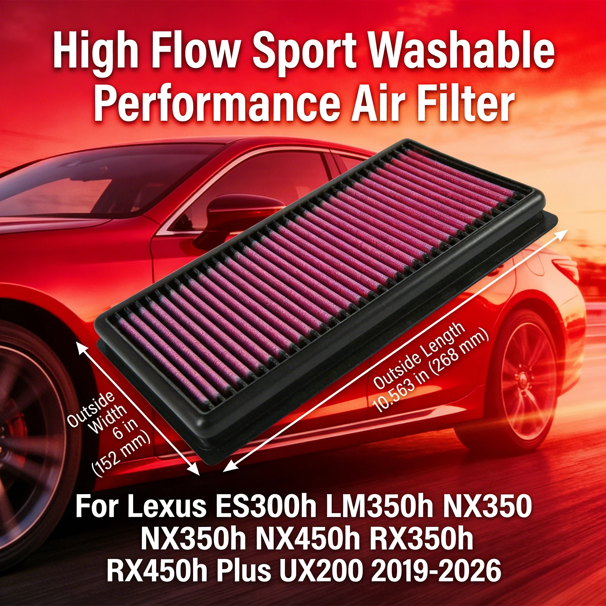 

Высокопроизводительный спортивный моющийся воздушный фильтр для Lexus ES300h, LM350h, NX350, NX350h, NX450h, RX350h, RX450h Plus, UX200 2019-2026