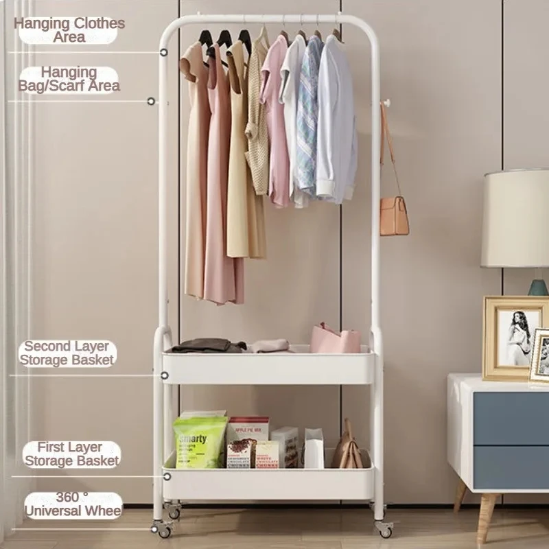 

House Floor Standing Clothes Hanger Movable Metal Clothes Storage Rack with Storage Basket, Clothes Organizer Shelf for Entryway