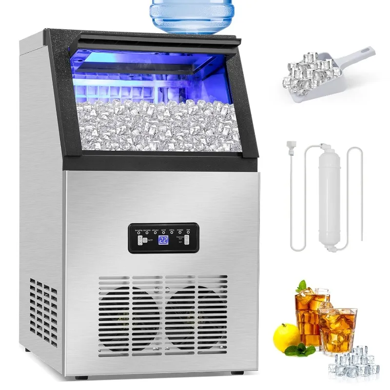 

Commercial Ice Maker Machine 130Lbs/24H with 2 Water Inlet Modes, Stainless Steel with 28Lbs Storage Bin for Home,Office,Bar