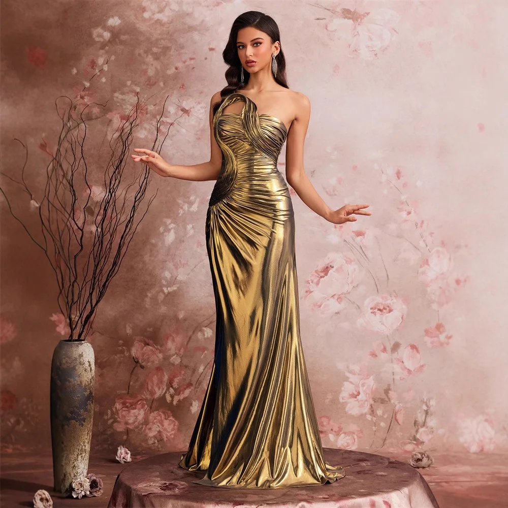 파티와 연회를 위한 우아한 이브닝 가운, 피쉬 스레드 플리츠 디자인, 로우 웨이스트 라운드 넥 실크 원단, 중국 디자인