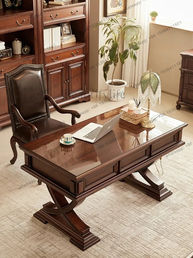 New American Neoclassical All Solid Wood Desk Gold Silk Teak Premium Workbench Retro Writing Desk