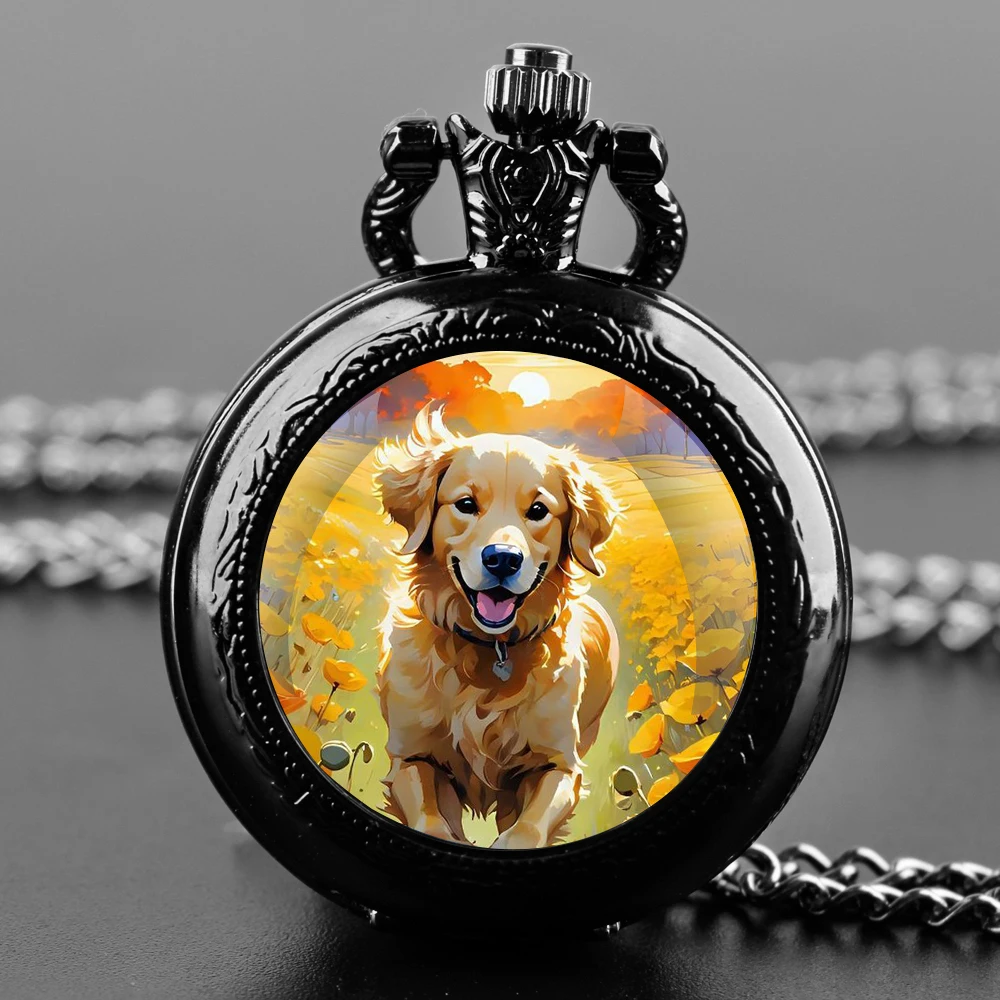 Exquisito reloj de bolsillo de cuarzo con cúpula de cristal de perro de acuarela, colgante de collar con números árabes, regalos para mujeres y hombres con cadena