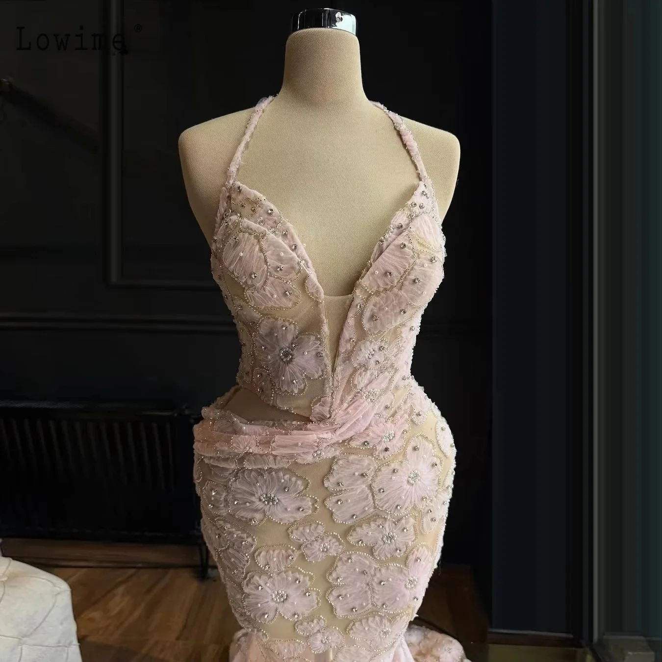 Sexy Halter Neck Flower Soft Lace Prom Party Dress 2026 New Pink Sleeveless Mermaid Floor Length Evening Gowns Customized