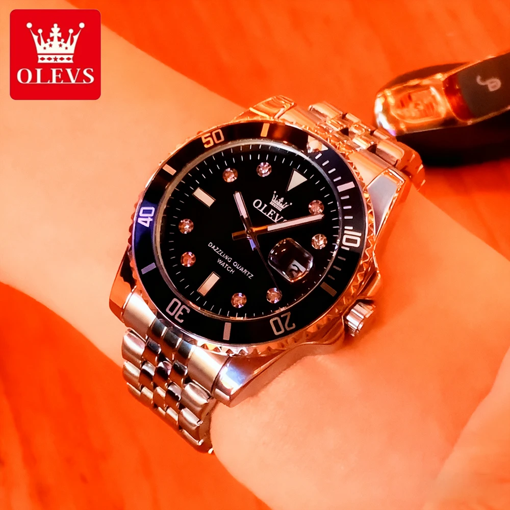 OLEVS Top Marke Herrenuhren Trend Mode Feiner Stahl Original Quarz Armbanduhr Wasserdicht Leuchtendes Großes Datum Taucher Lünette 9809