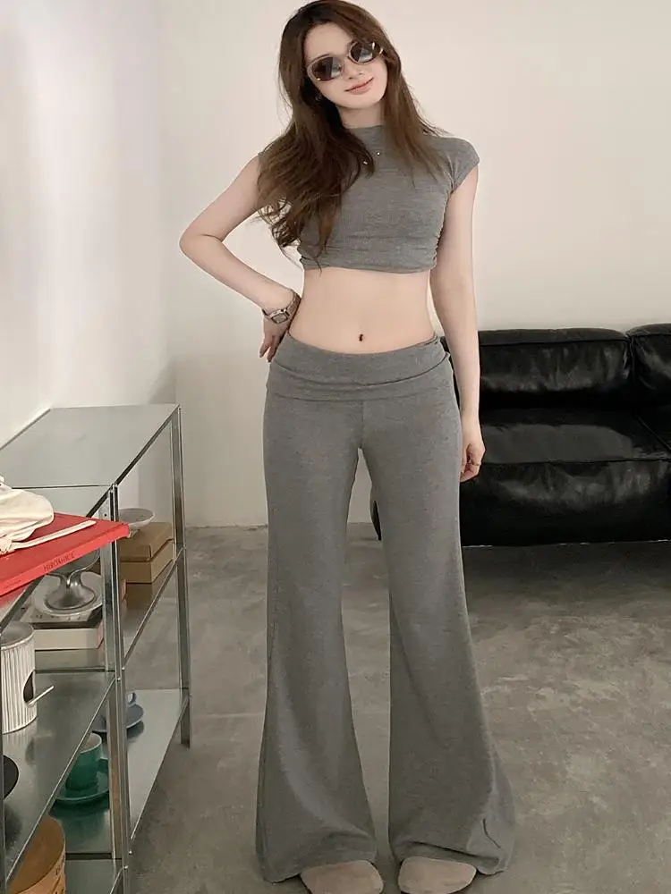 กางเกงโยคะเอวสูงทรงสลิมสำหรับผู้หญิง กางเกงขายาวถักเนื้อผ้านุ่มเบาสบายเหมือนปุยเมฆ กางเกงลำลองฤดูร้อนสไตล์เกาหลี ทรงขาบาน