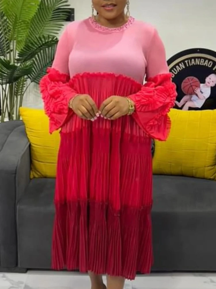 

Pleated Dress for Women 2025 New Color Block Round Neck Beads Fashionable Loose Large Size Women's Pleated Skirt