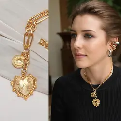 Hip Hop Jewelry Chunky Gold Color Sun Heart Pendant Necklace Paperclip Chain Necklaces for Wofmen Christmas Gift Zircon Choker