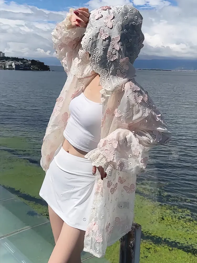 Sweet Butterfly Embroidery 3D Flowers Long Sleeve Hooded Sunscreen Shirt Women Thin Coat New Summer Loose Casual Long Blouse Top