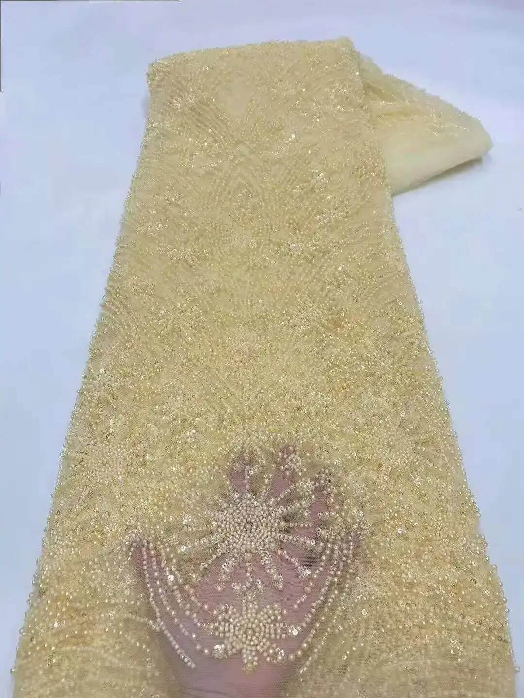 

5yards African Sequins Beaded Groom Lace Fabric 2025 High Quality French Tulle Lace Fabric Embroidery Nigerian Lace Fabrics
