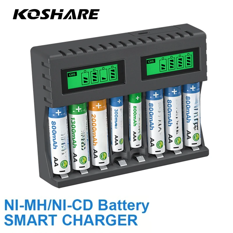 KOSHARE Battery Charger 1.2V AA AAA With 8 Slot LCD Display Smart Independent Type-C Port Input For Ni-MH Rechargeable Batteries