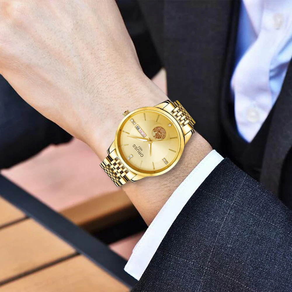 ORUSS оригинальные мужские часы из нержавеющей стали с двойным календарем, водонепроницаемые светящиеся роскошные золотые часы, модные кварцевые мужские наручные часы, новый бренд