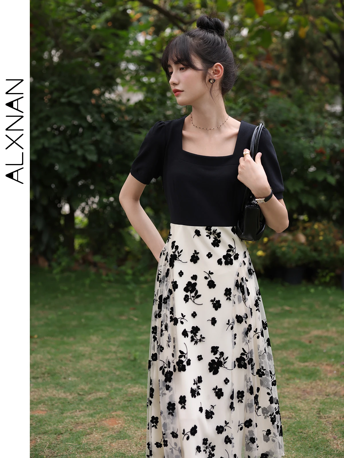 

ALXNAN Elegant Fake 2 Piece Woman Floral Dress 2024 Summer New Patchwork Square Collar Printed Short Sleeve Dresses LXN25152