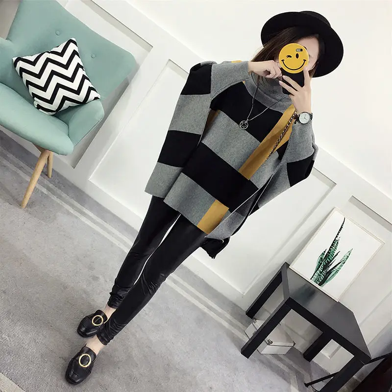 High Neck Cape Coat Women Autumn and Winter Mid length Korean Casual Sweater Pullover Bat Sleeve Knitwear Sweater Poncho Women