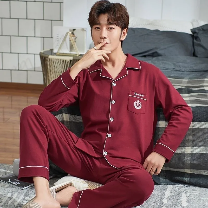 Male Pajamas Spring Autumn New Men Long-Sleeved Pure Cotton Nightclothes Simple Casual Large Size Comfortable Homewear Suit 2024