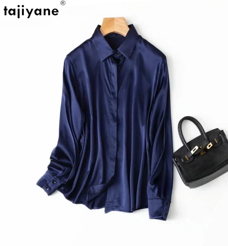 Tajiyane Women's 93% Mulberry Silk 7% Spandex 19 momme satin Silk Buttons long sleeve shirt Top Blouse office work chemise femme