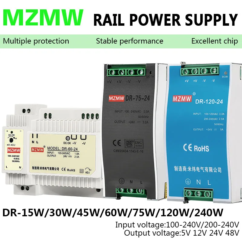 DR Industrial DIN Rail Switching Power Supply 15W 30W 60W 75W 120W 240W 100-240V AC TO DC 12V 24V Led Light CCTV Transformer