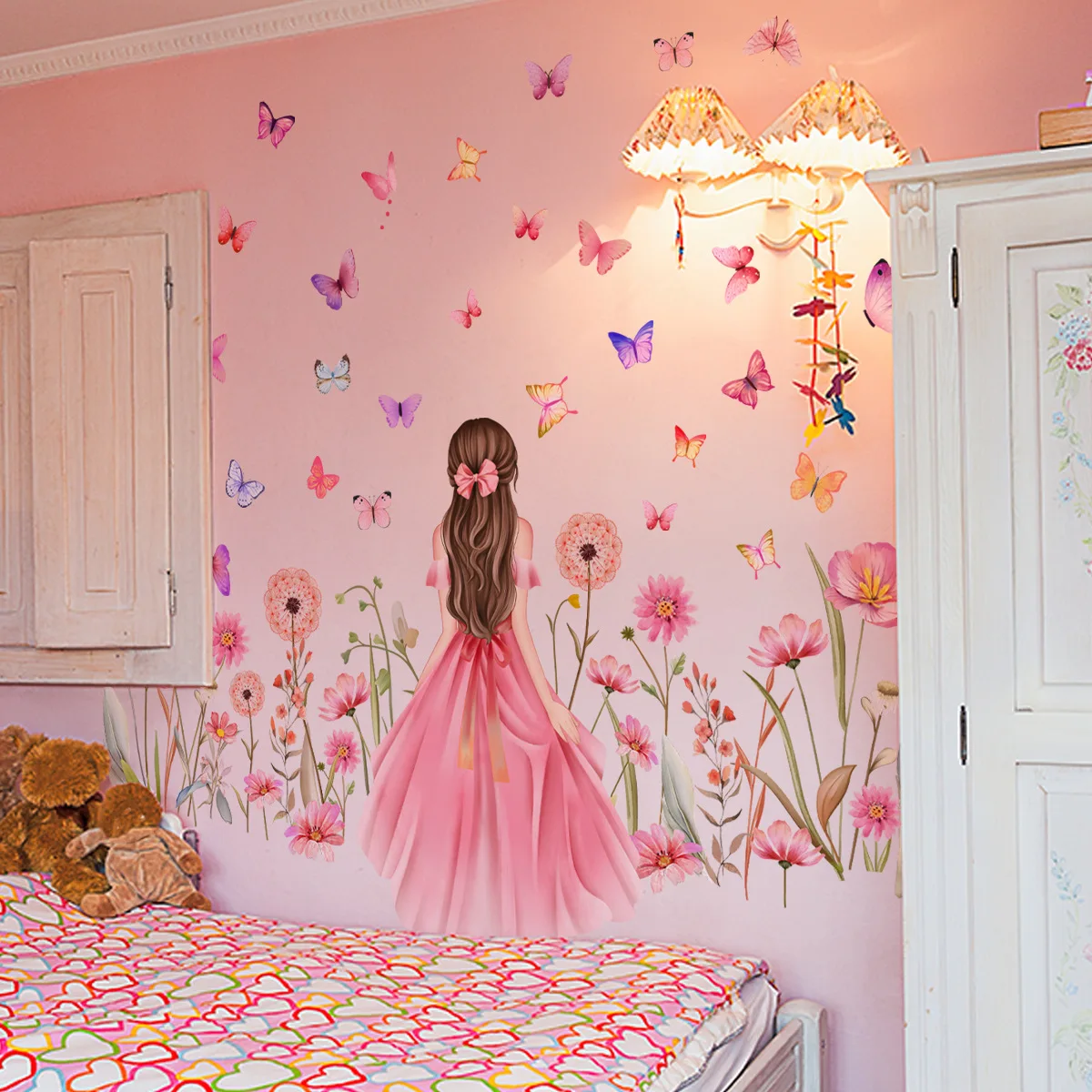 Cartoon Girl Flowers Butterflies Wall Stickers For Children's Room Kids Baby Bedroom Decor Wallpaper Removable Home Decoration