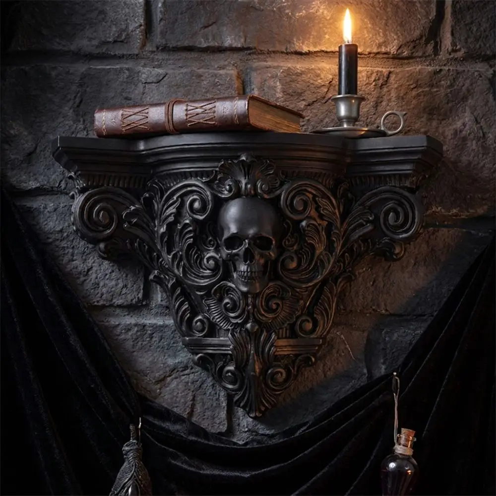 Vintage Style Halloween Skull Wall Mount Shelf 3D Printing Gothic Carved Skull Storage Shelf Stable Plastic Art Skull Wall Rack