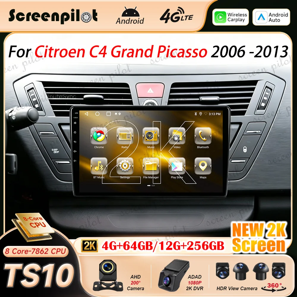 9 Inch Android 16 Car Radio Stereo For Citroen C4 Grand Picasso 2006-2013 2K QLED Multimidia Player GPS Carplay Android Auto 5G