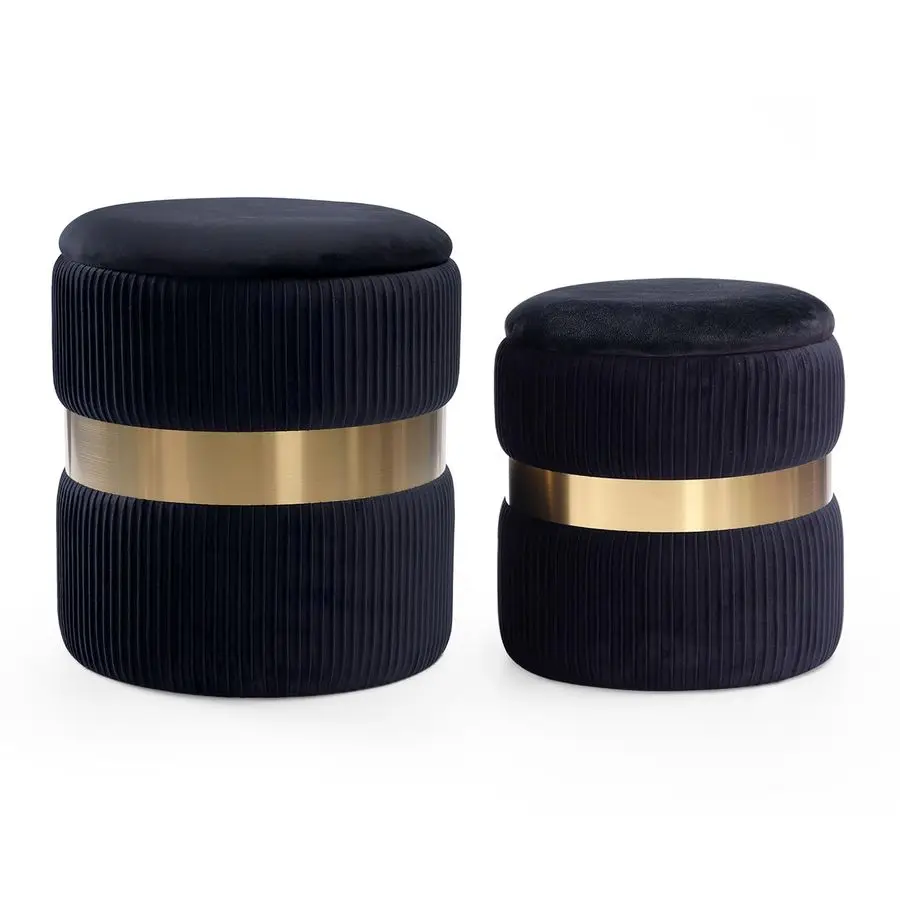 

Round Velvet Storage Ottoman with Removable Lid Set of 2, Upholstered Footrest Stool with Gold Metal Hoop, Side Tab Customizable