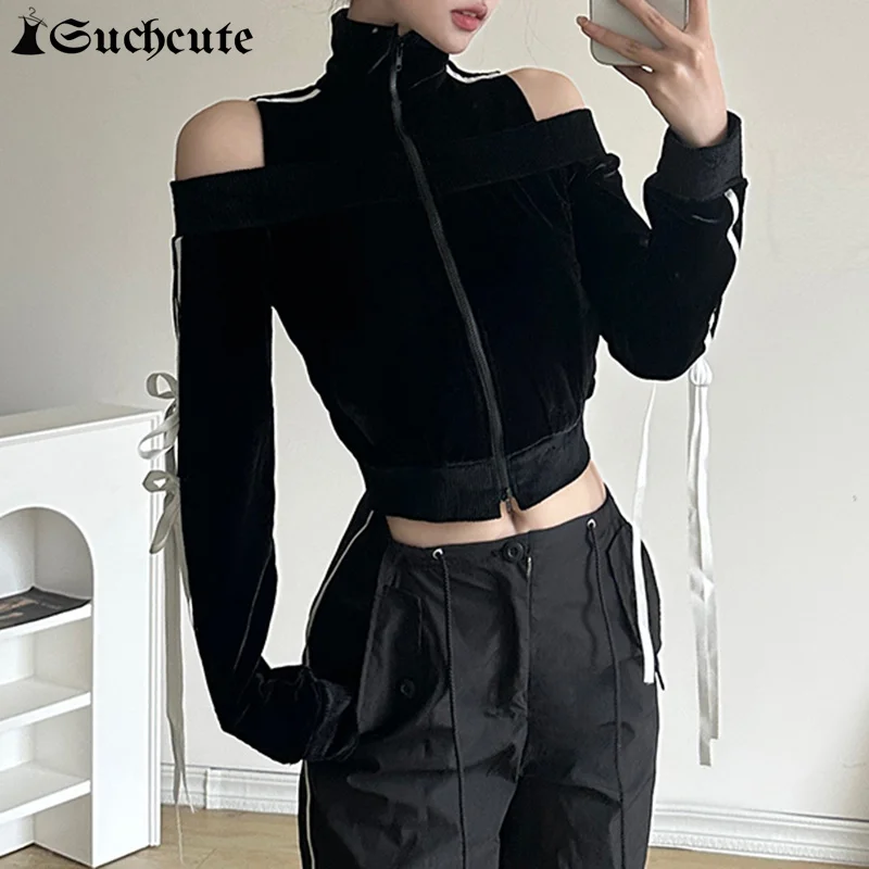 SUCHCUTE Stripe Off Shoulder Zip Up Bow Lace Up Hoodies Stand Collar Y2K Cropped Sweatshirt Fashion Causal Cardigan Kpop Clothes