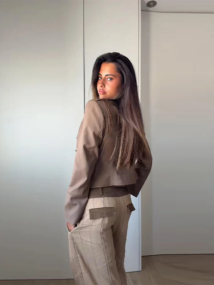 Langarm-Stehkragen-Kurzmäntel für Damen im Vintage-Militärstil mit Epauletten, Doppelreihig, Einfarbig, Locker Geschnittene Jacke, Neue Oberbekleidung für Damen – Detail 7