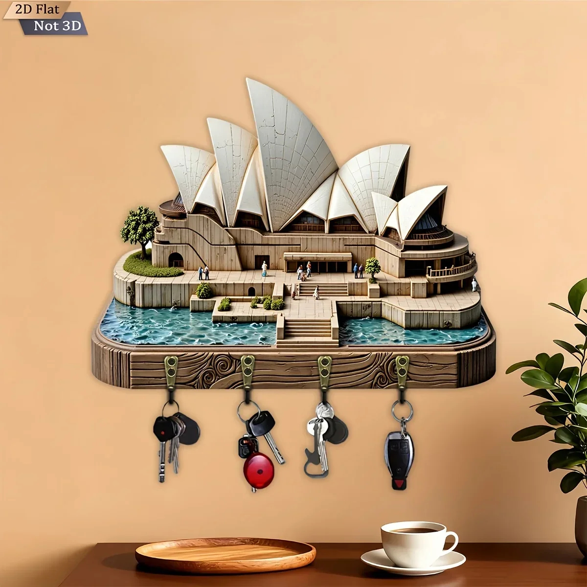2D Flat, 1pc, Sydney Opera House Themed Style Key Hook Wooden Multi-functional Home Key Rack, with Four Metal Hooks, Wall