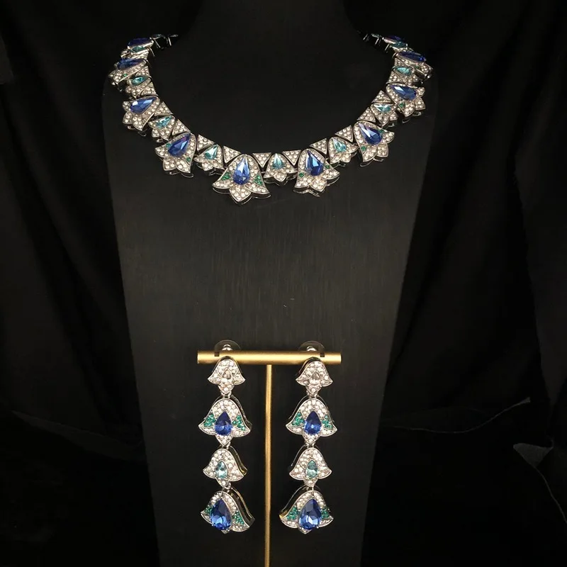 

Роскошный комплект свадебных украшений из ОАЭ в Дубае для женщин, свадебная вечеринка, нигерийский африканский комплект ожерелья с синим цветком, серьги