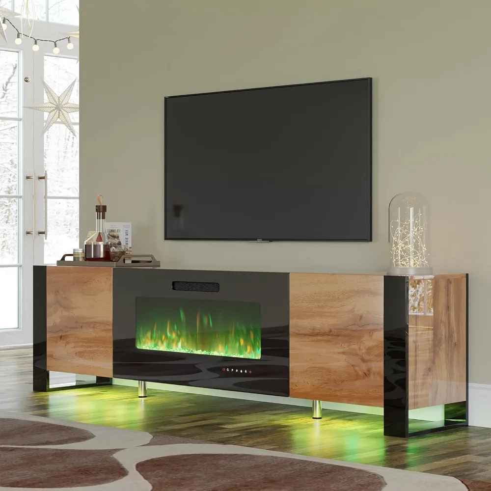 Supporto TV con camino da 80" con camino elettrico da 40", centro di intrattenimento lucido con luci a LED, intrattenimento moderno