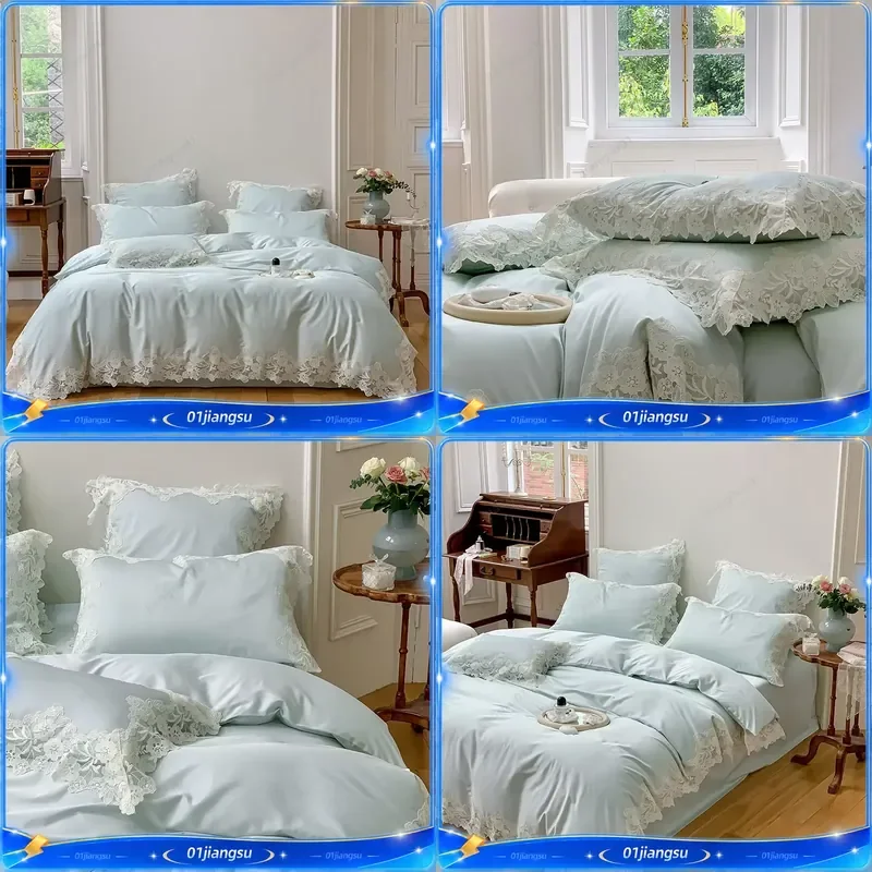 Svetanya 140s Egyptian Cotton Lace Bedding Set Luxury Sheet Pillowcase Blanket Cover Home Textile High Thread Count Soft