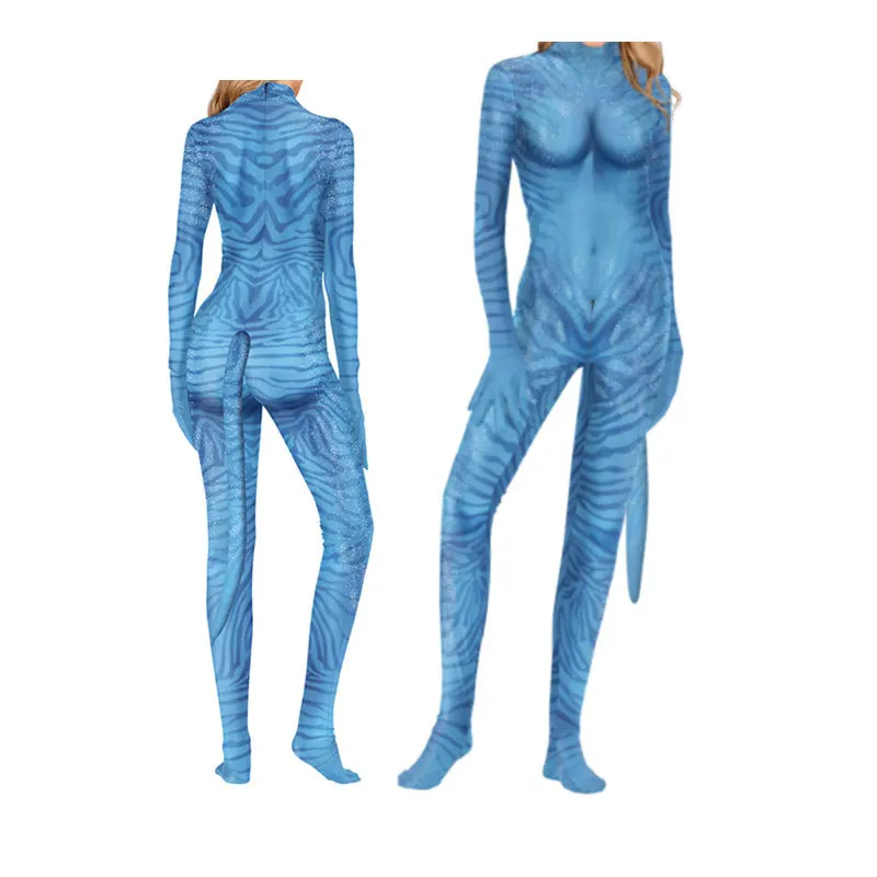 Halloween Avatar Cosplay Kostüm Karneval Filmthema 3D Digitaldruck Elastischer Zentai Haustier Purim Catsuit Blauer Alien Bodysuit