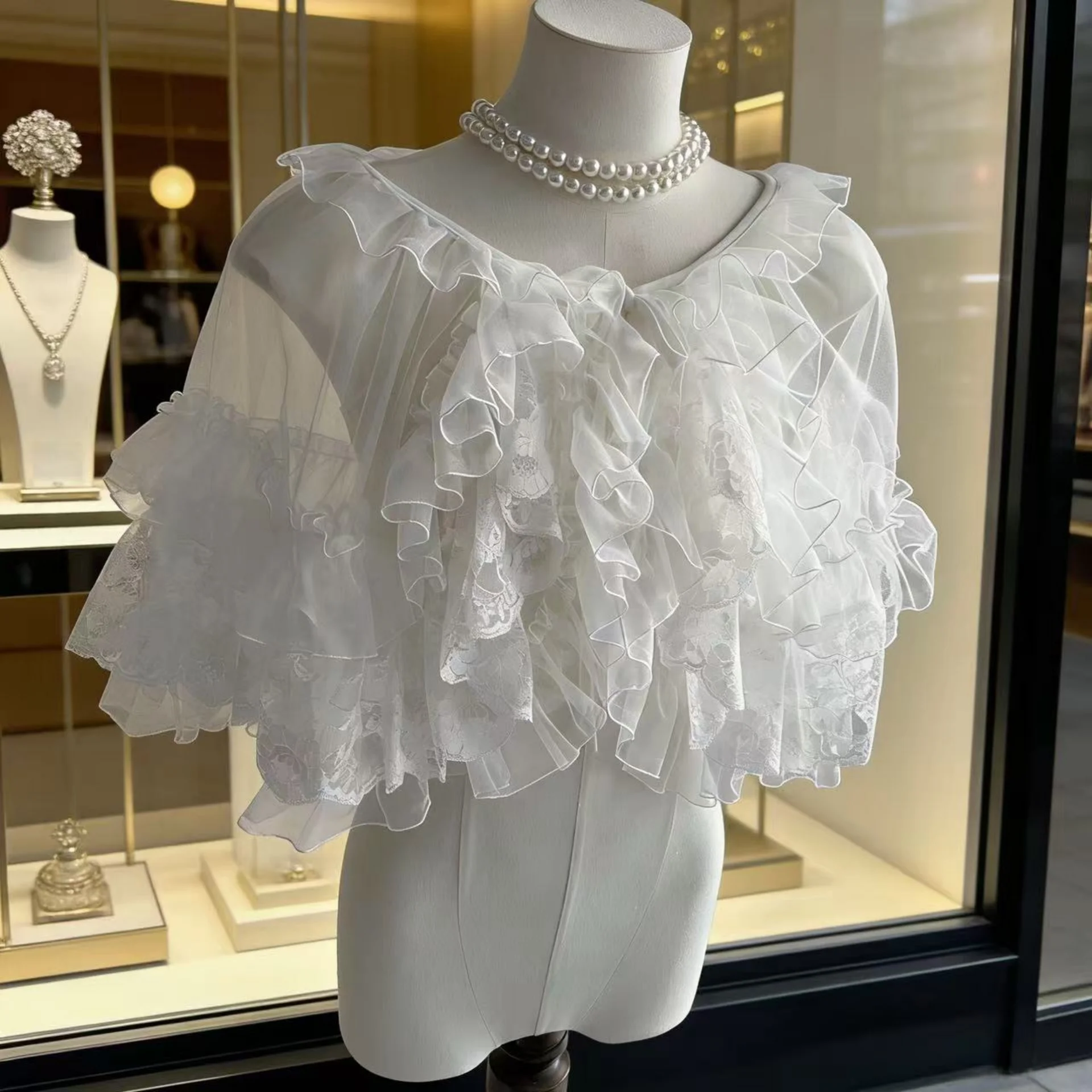 

Harajuku Sweet Lolita lotus leaf lace mesh decoration shawl dress versatile two-piece skirt summer French style cover up shirt