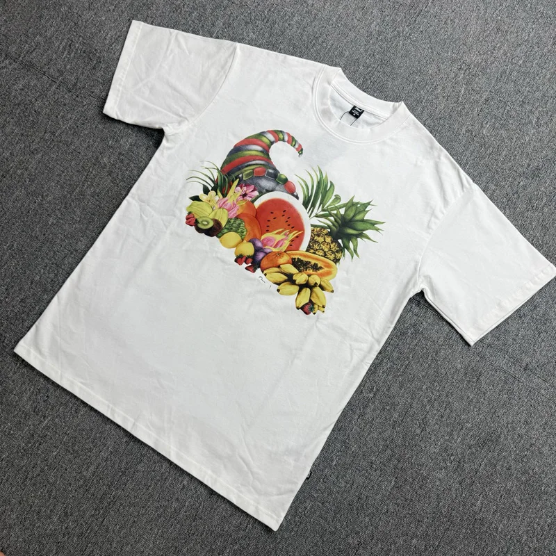 Men White Crew Neck PATTA Short Sleeve T-Shirt Loose Drop Shoulder Colorful Tropical Fruit Illustration Print Summer Casual Tops