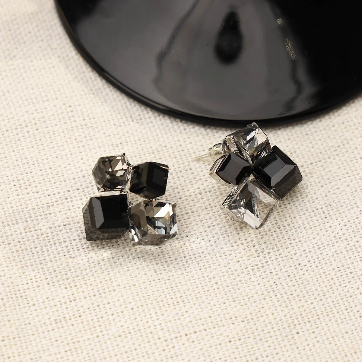 Holographic Laser Crystal Stud Earrings for Women White Black Rhinestones Double Square Earrings Trendy Party Geometry Jewelry