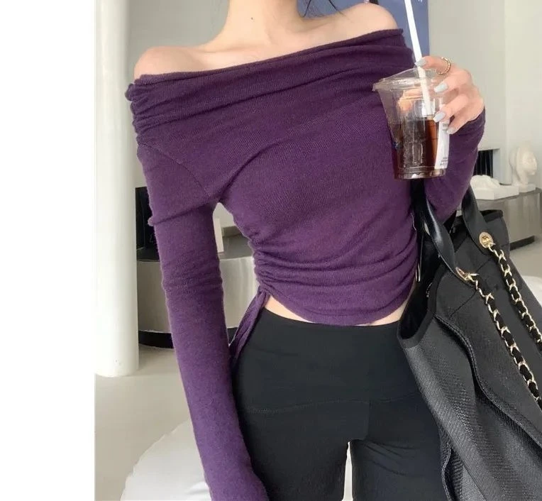 

Purple High-end Temperament Off Shoulder Long Sleeved T-shirt for Women in Spring and Autumn New Slim Fit with Drawstring Base