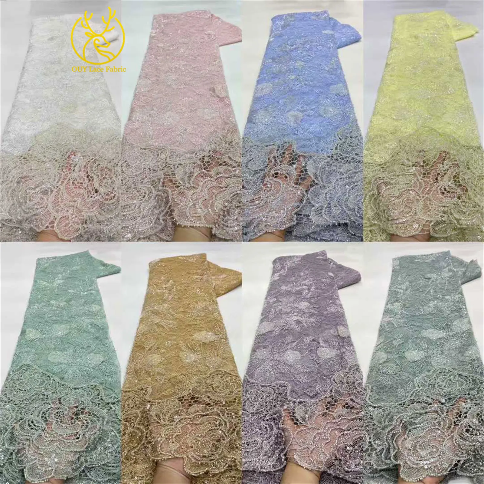Afrikanischer nigerianischer Brautkleidstoff mit Perlen und Spitze 2026 – Hochwertige Pailletten-Stickerei auf französischem Tüllnetz für Hochzeitskleider zum Nähen, 5Y – Detail 3