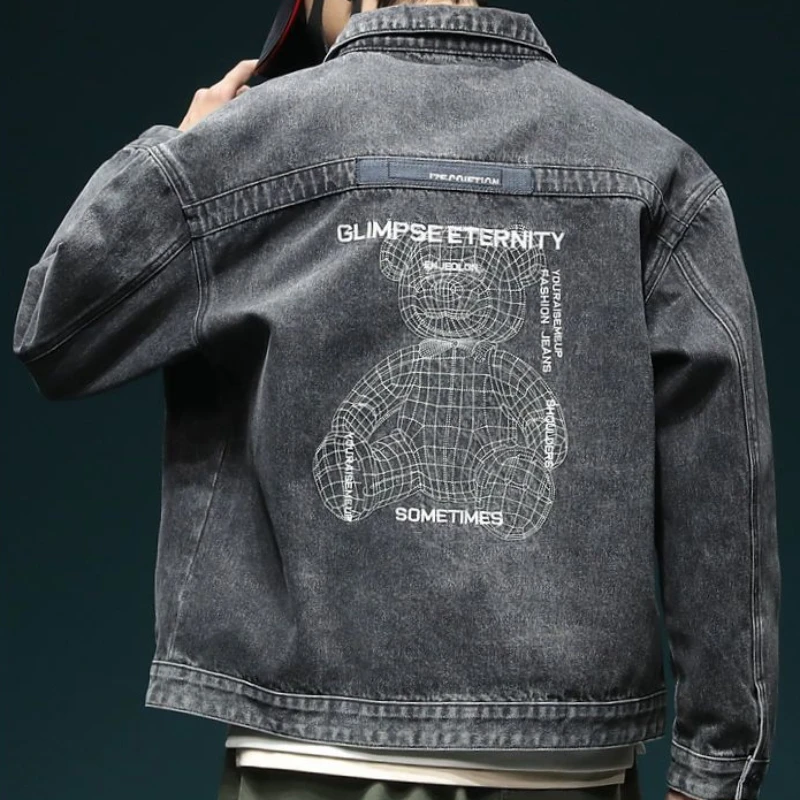 

Denim Jackets Man Autumn Wide Shoulders Jeans Coat for Men with Embroidery Cargo Y2k Original Branded Size L Aesthetic Korea Big