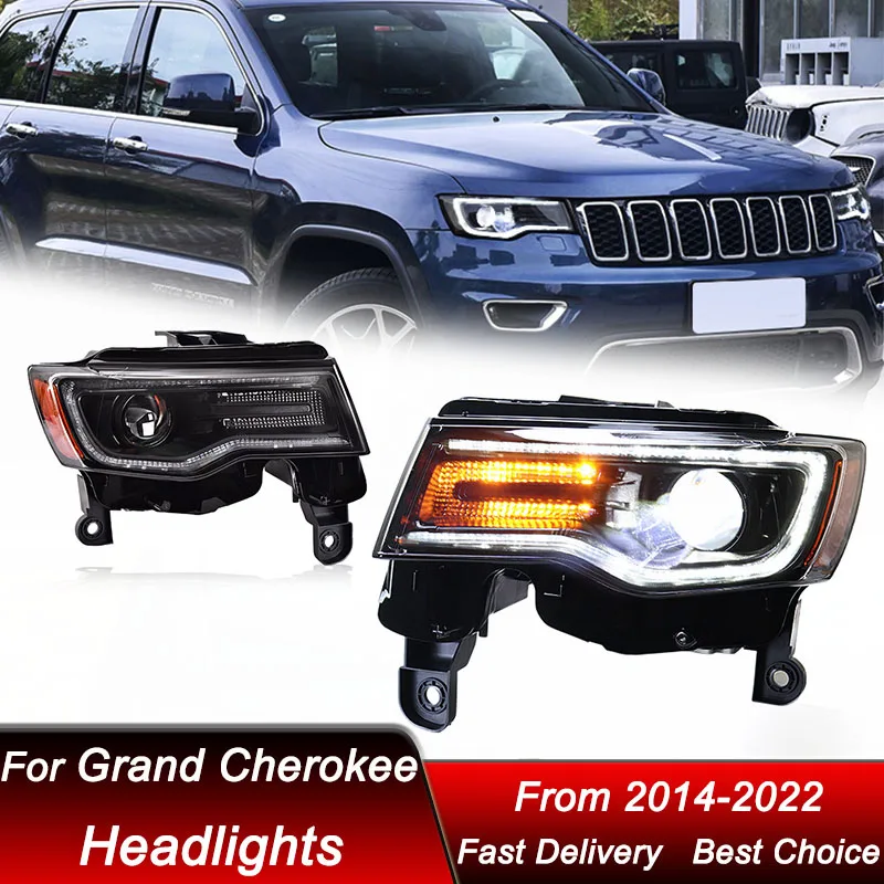 

Автомобильные светодиодные фары для Jeep Grand Cherokee 2014-2022, новый стиль, полностью светодиодные фары в сборе, обновленный комплект аксессуаров для линз проектора