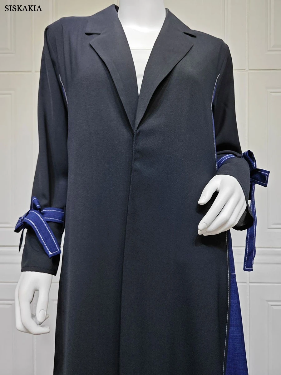 Siskakia Ramadan Denim Patchwork Abaya Fashion Bow Bundled Sleeve Kaftan Elegant Casual Clothing