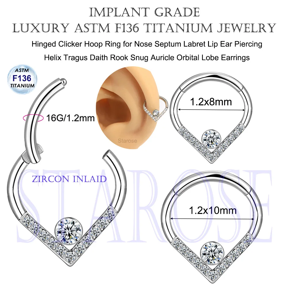 16 جرام 1.2x 8/10 مللي متر ASTM F136 التيتانيوم الحاجز هوب الفرس كريستال الأنف الدائري Daith أقراط هيليكس محارة ثقب الغضروف مجوهرات