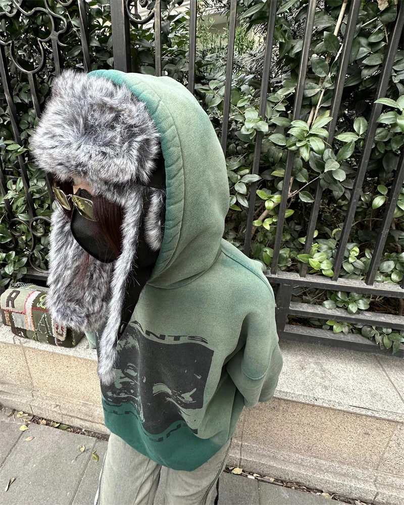 Autumn Winter High Quality ERD Washed Green Illustration Printed Hoodie High Street Casual Loose Cotton Oversize Vintage