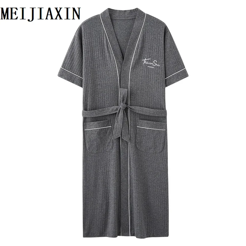 New Knitted Cotton Men Robe Summer Short Sleeve Sleepwear Cardigan Casual Soft Nightgown L-4XL Male Bath Robe