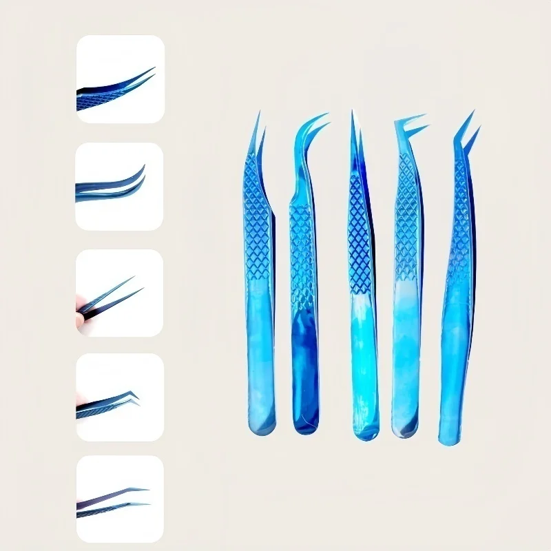 4pcs Bright Blue Premium Beauty Makeup Tweezer For Eyelashes Extension Super Fine Tip High Precision Clip Phone Repair Hand Tool