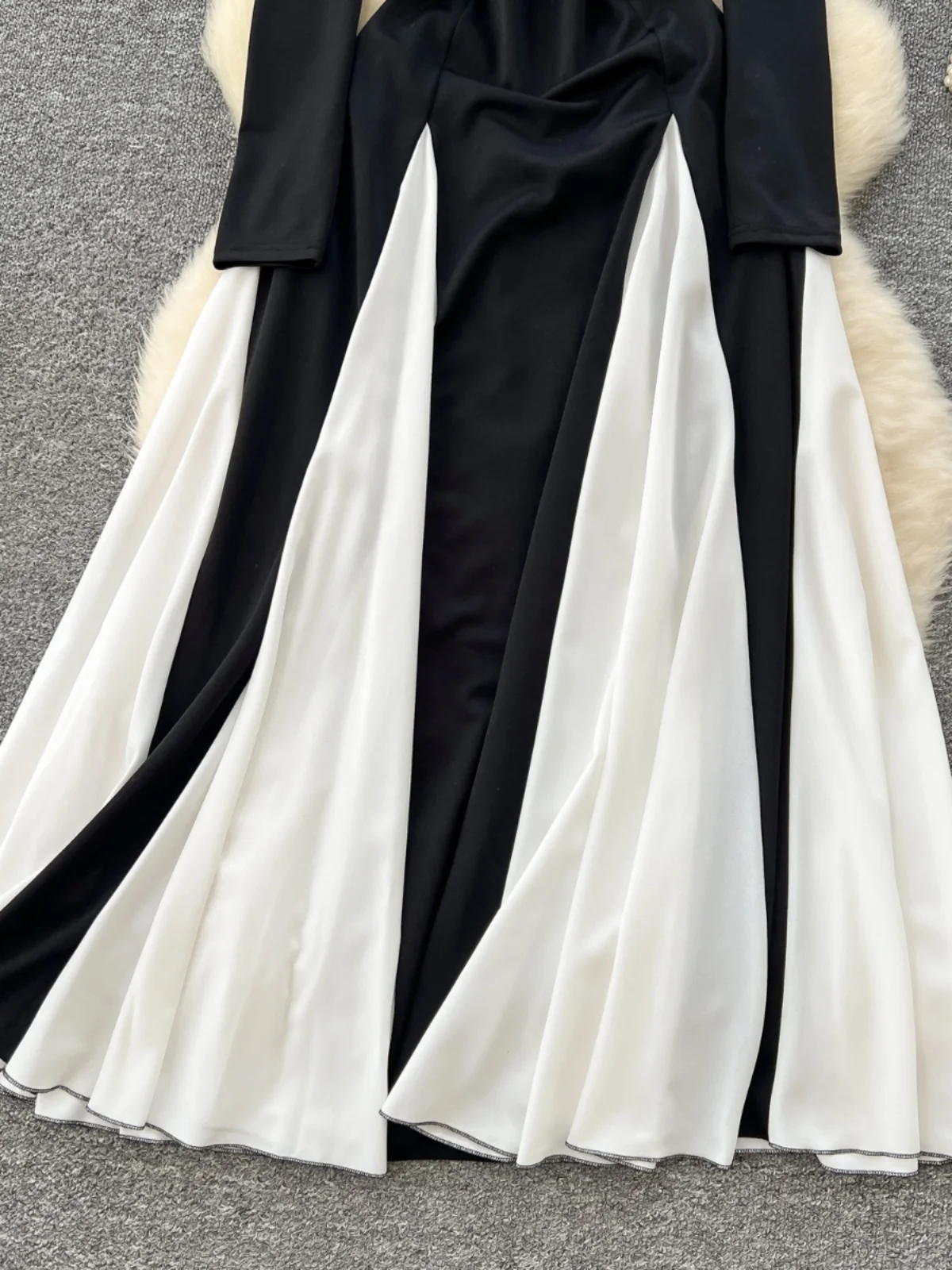 Ele Dames Lange Sve Dr Color Blo Hoge Taille A-lijn Rok Bla Wit Contrast Geplooide Zoom Woon-werkverkeer Koreaanse Sle
