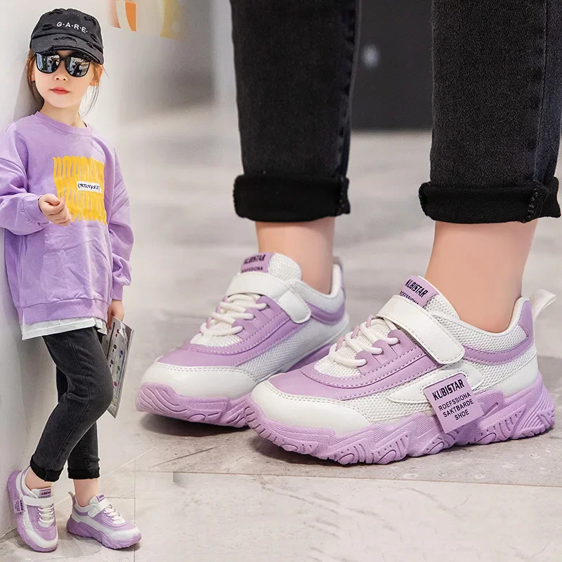 Spring New Kids Sneakers shoes 2023 PU Girls Casual Mesh Solid Pink Light Boys White Hook & Loop Children Non-slip Sports Shoe