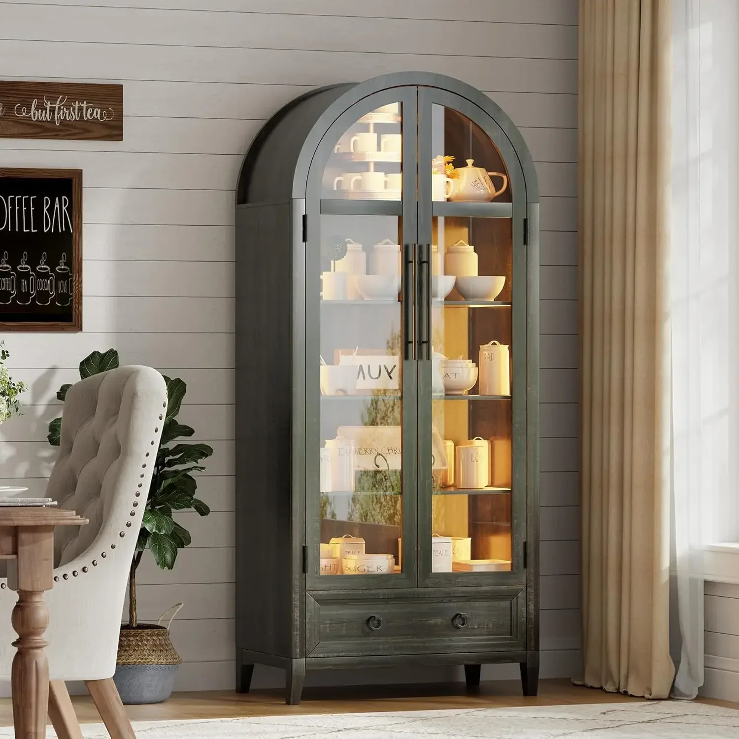 Arch Display Cabinet with Glass Doors, 4-Tier Curio Cabinet Shelves and a Drawer,73