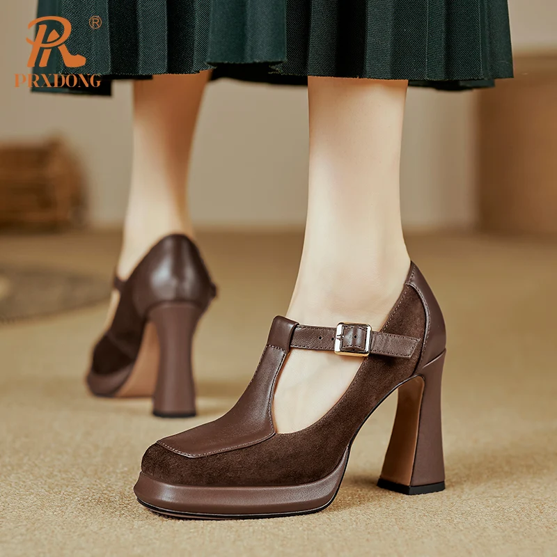 PRXDONG Genuine Leather Shoes Woman Pumps New Spring Summer High Heels Platform T-strap Retro Black Brown Dress Party Mary Janes