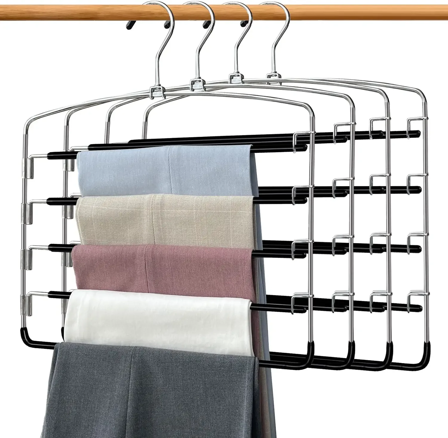 

Stainless Steel Pants Hangers 4Pcs,5 Layers Jeans with Non-Slip,Multiple Pants Hanger Closet Organizer for Trousers Scarves Ties